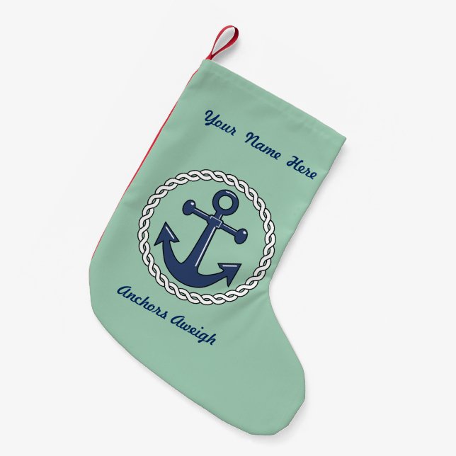 Anchors Aweigh on Green Personalised Small Christmas Stocking (Front (Hanging))