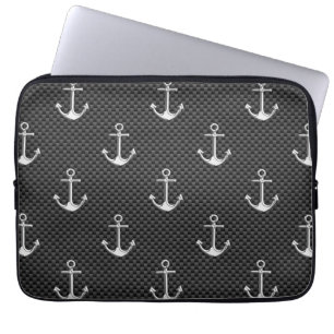 Anchors on Black Carbon Fibre Pattern Laptop Sleeve