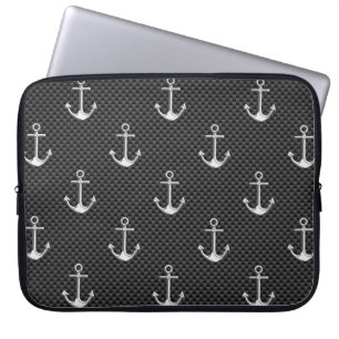 Anchors on Black Carbon Fibre Pattern Laptop Sleeve