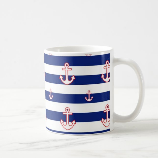 Anchors on Stripes Nautical Decor Coffee Mug (Right)