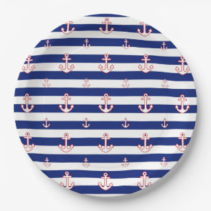 Anchors on Stripes Nautical Decor Paper Plate