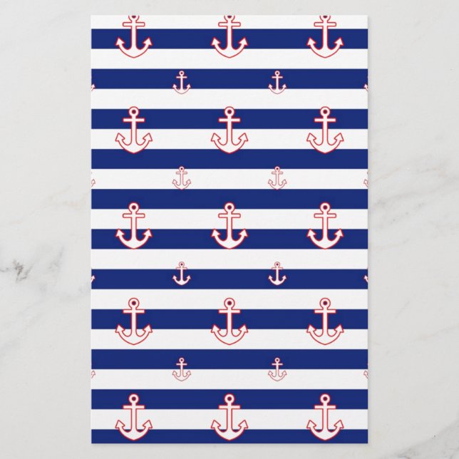 Anchors on Stripes Nautical Decor Stationery (Front)