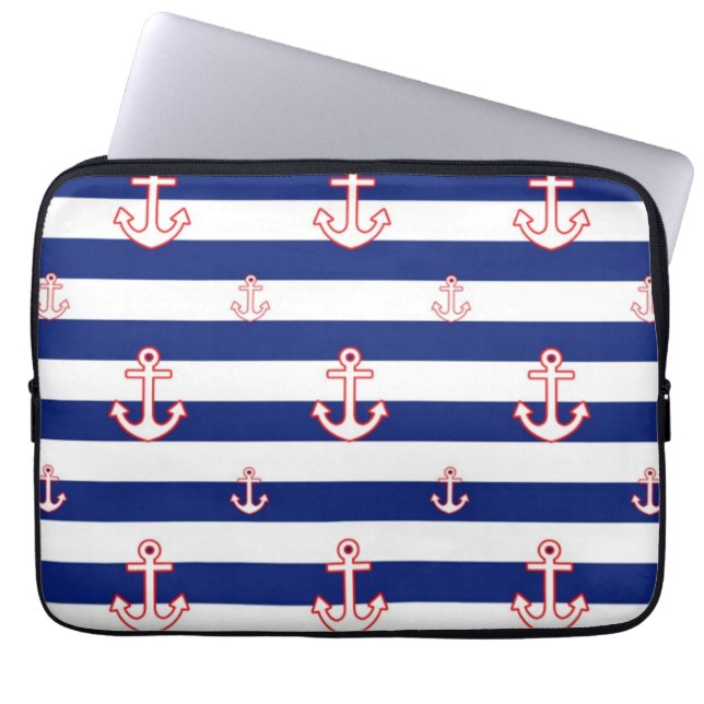 Anchors on Stripes Nautical Pattern Laptop Sleeve (Front)