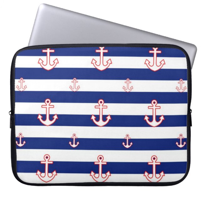 Anchors on Stripes Nautical Pattern Laptop Sleeve (Front)