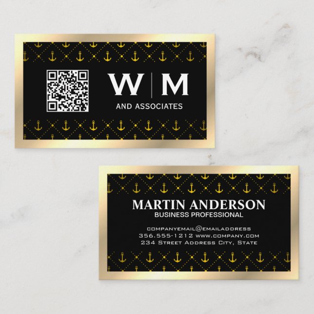 Anchors Pattern | Gold Border | Monogram Business Card (Front/Back)