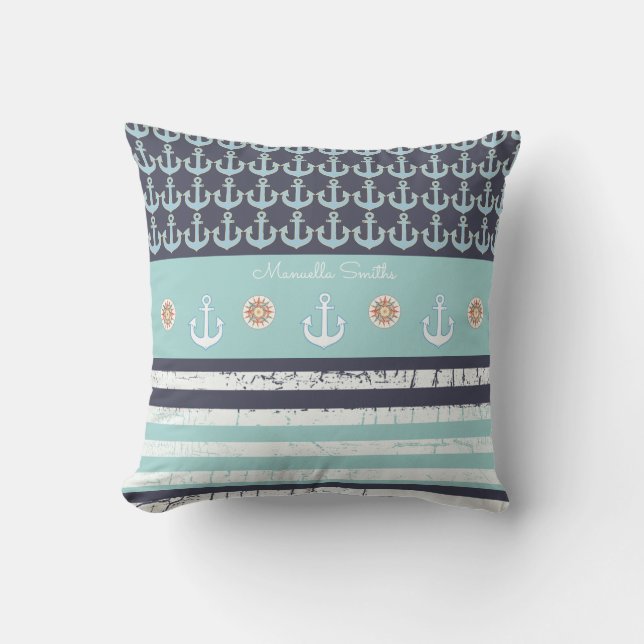 anchors & stripes nautical & personalised blue outdoor cushion (Front)