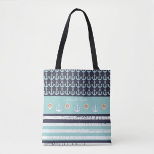 anchors & stripes nautical & personalised blue tote bag