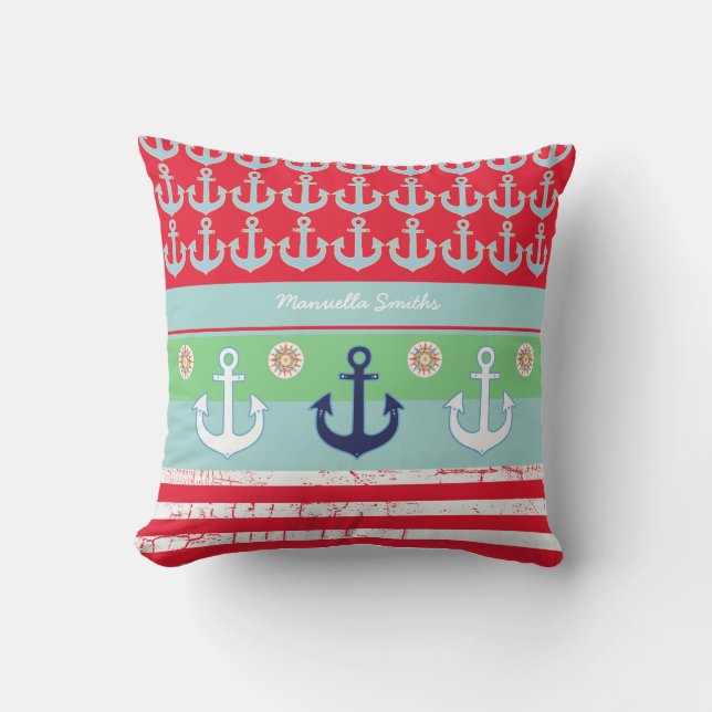anchors & stripes nautical & personalised cushion (Front)