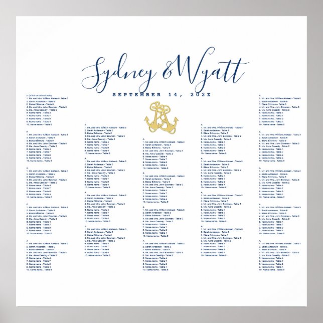Anchors Wedding Nautical Square Seating Poster (Front)