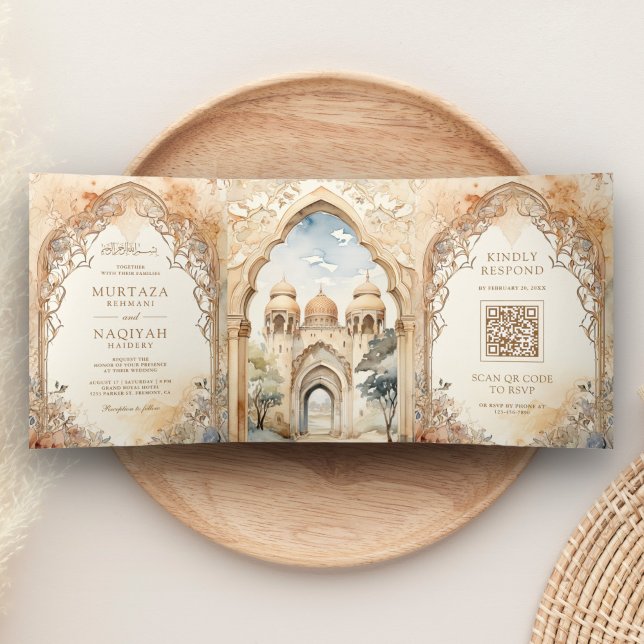 Ancient Arabian Palace Arch QR Code Muslim Wedding Tri-Fold Invitation (Creator Uploaded)