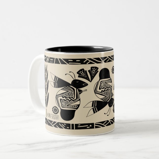 Ancient bees and flowers on cream mug (Front Left)