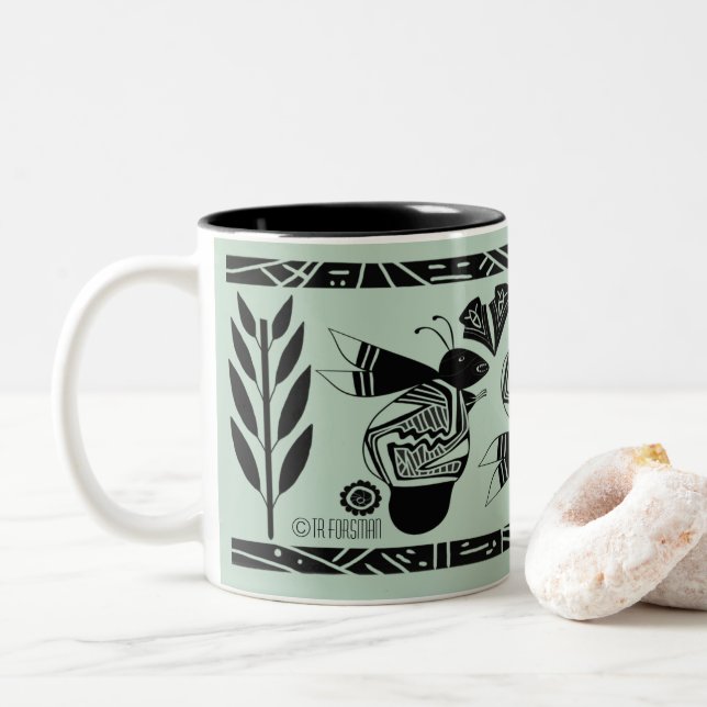 Ancient bees and flowers on gold mug (With Donut)