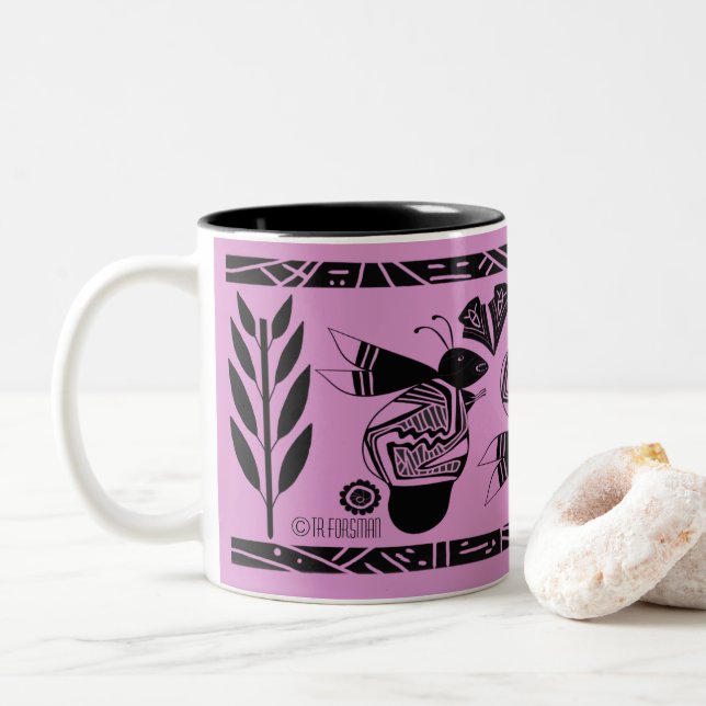 Ancient bees and flowers on purple mug (With Donut)