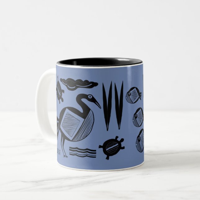 Ancient Bird, turtle, grass, water inked blue Two-Tone Coffee Mug (Front Left)