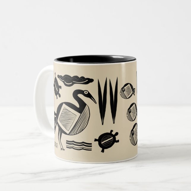 Ancient Bird, turtle, grass, water inked cream Two-Tone Coffee Mug (Front Left)