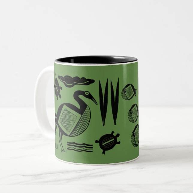 Ancient Bird, turtle, grass, water inked Two-Tone Coffee Mug (Front Left)