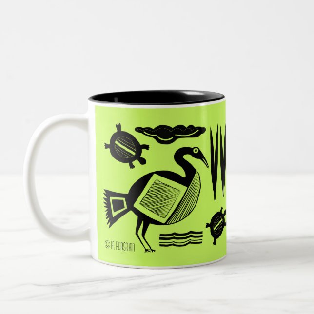 Ancient Bird, turtle, grass, water inked Two-Tone Coffee Mug (Left)