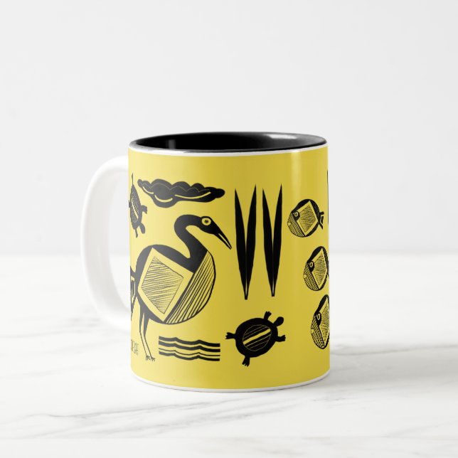 Ancient Bird, turtle, grass, water inked yellow Two-Tone Coffee Mug (Front Left)