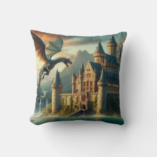 Ancient Castle Under Attack from a Flying Dragon Cushion