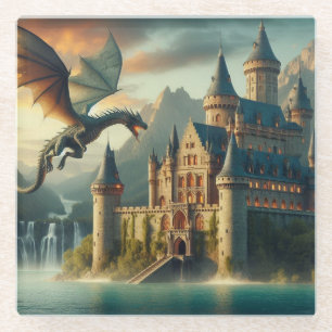 Ancient Castle Under Attack from a Flying Dragon Glass Coaster