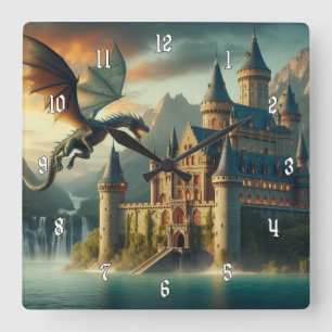 Ancient Castle Under Attack from a Flying Dragon Square Wall Clock