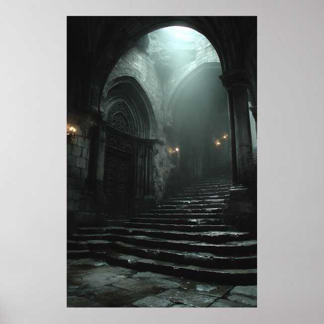 Ancient Cathedral Stairway Mist Light Poster (Front)