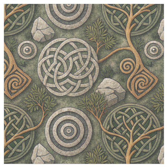 Ancient Celtic Knot & Stone Scottish Pattern Art Fabric (Close Up)