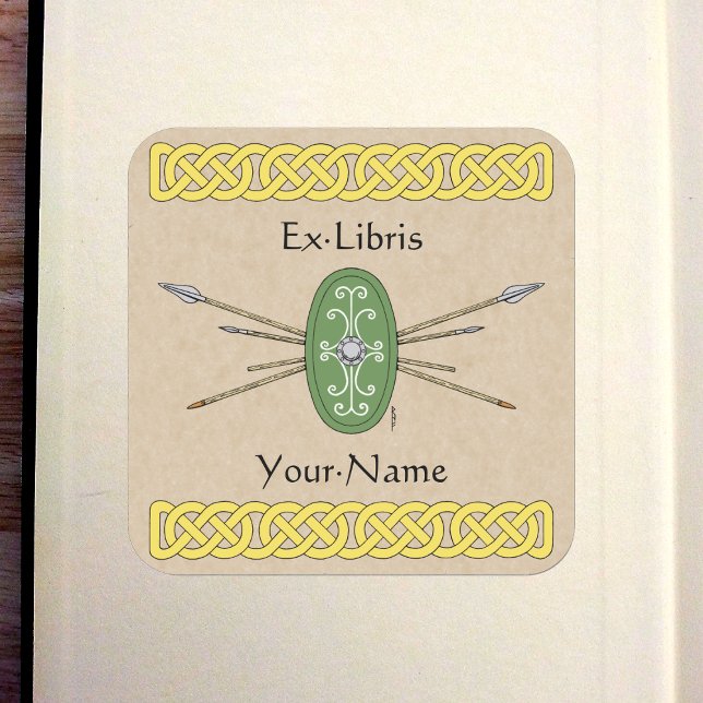 Ancient Celtic Shield and Spears Bookplate Square Sticker (Ancient Celtic Shield and Spears Bookplate)