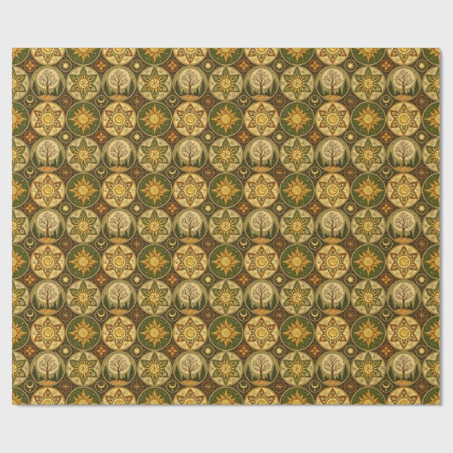 Ancient Celtic Sun & Sacred Tree Medallion Pattern Wrapping Paper (Flat)