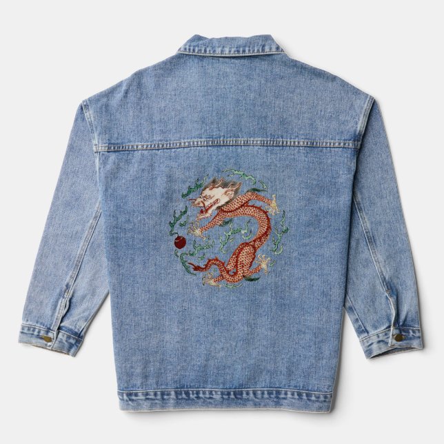 Ancient Chinese Dragon Chasing Flaming Pearl Denim Jacket (Back)