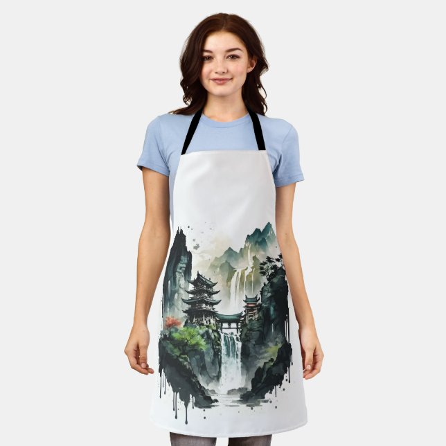 Ancient Chinese Ink Landscape with Waterfall Apron (Worn)