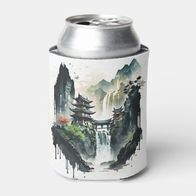 Ancient Chinese Ink Landscape with Waterfall Can Cooler (Can Front)