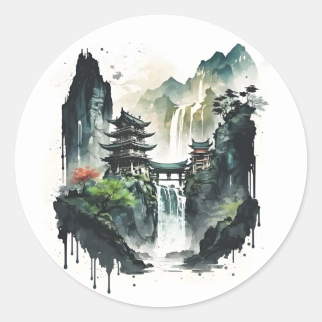 Ancient Chinese Ink Landscape with Waterfall Classic Round Sticker (Front)
