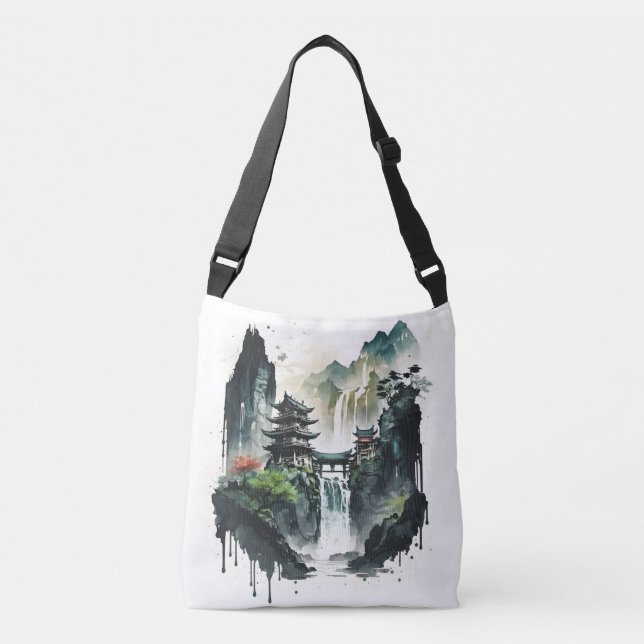 Ancient Chinese Ink Landscape with Waterfall Crossbody Bag (Front)