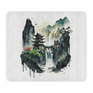 Ancient Chinese Ink Landscape with Waterfall Cutting Board