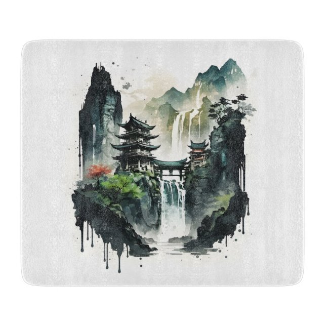 Ancient Chinese Ink Landscape with Waterfall Cutting Board (Front)