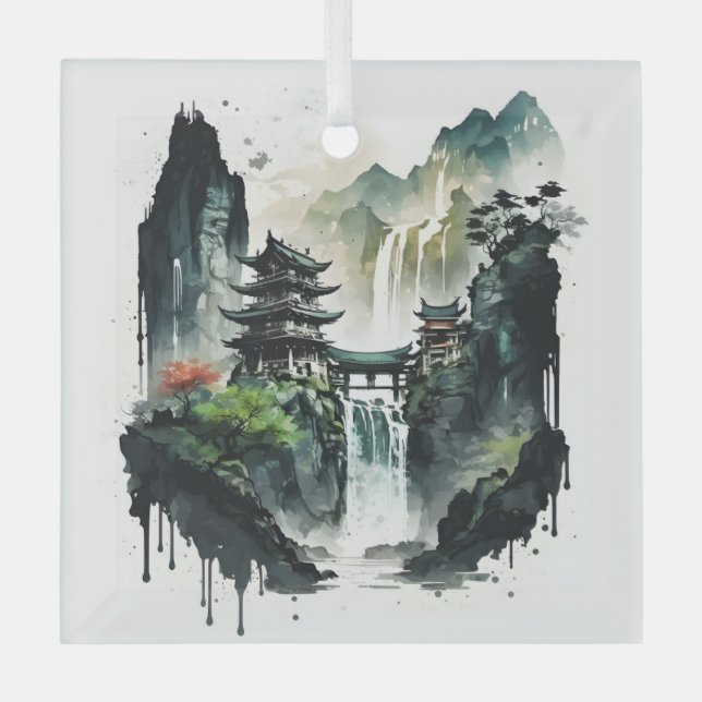Ancient Chinese Ink Landscape with Waterfall Glass Tree Decoration (Front)