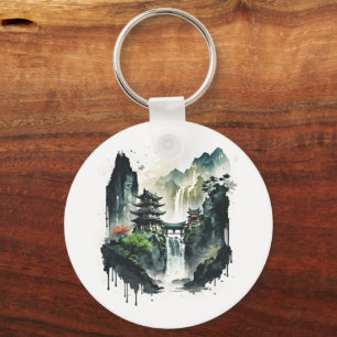 Ancient Chinese Ink Landscape with Waterfall Key Ring