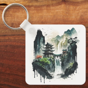 Ancient Chinese Ink Landscape with Waterfall Key Ring