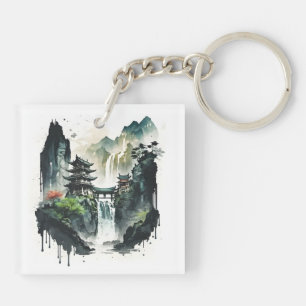 Ancient Chinese Ink Landscape with Waterfall Key Ring