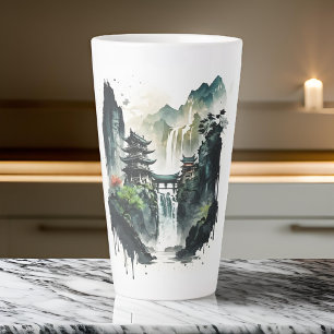 Ancient Chinese Ink Landscape with Waterfall Latte Mug
