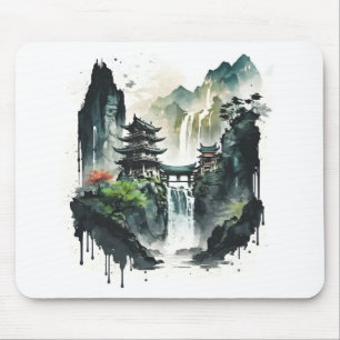 Ancient Chinese Ink Landscape with Waterfall Mouse Mat