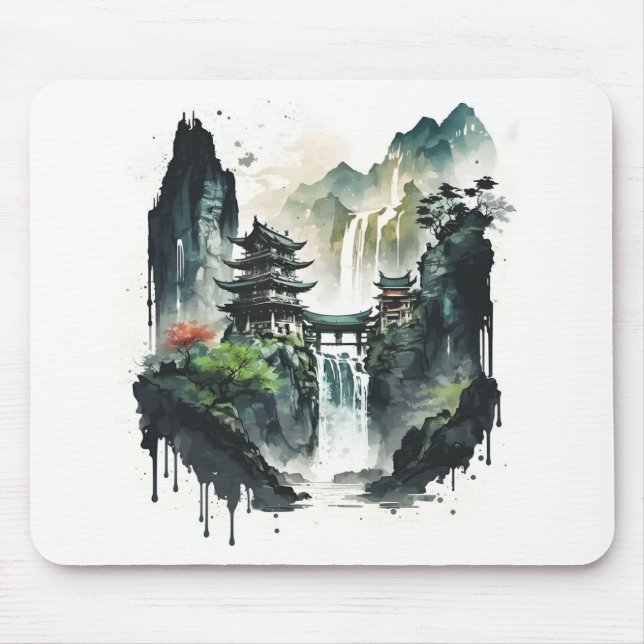 Ancient Chinese Ink Landscape with Waterfall Mouse Mat (Front)