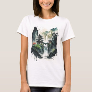 Ancient Chinese Ink Landscape with Waterfall T-Shirt