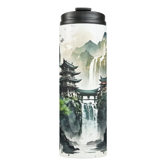 Ancient Chinese Ink Landscape with Waterfall Thermal Tumbler (Front)