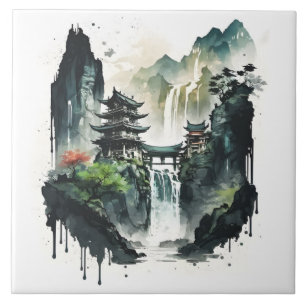 Ancient Chinese Ink Landscape with Waterfall Tile