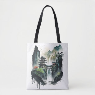 Ancient Chinese Ink Landscape with Waterfall Tote Bag