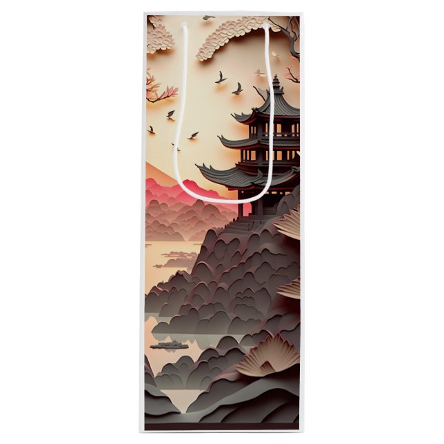 Ancient Chinese Scene Paper Cut Brown Gift Bag (Front)