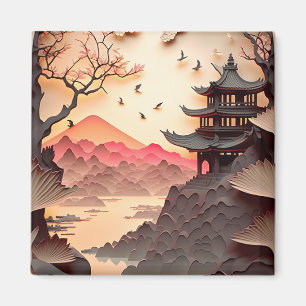 Ancient Chinese Scene PaperCut Brown Square Magnet