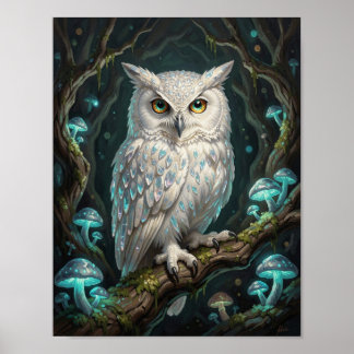 Ancient Crystalline Owl in Magical Grotto Poster